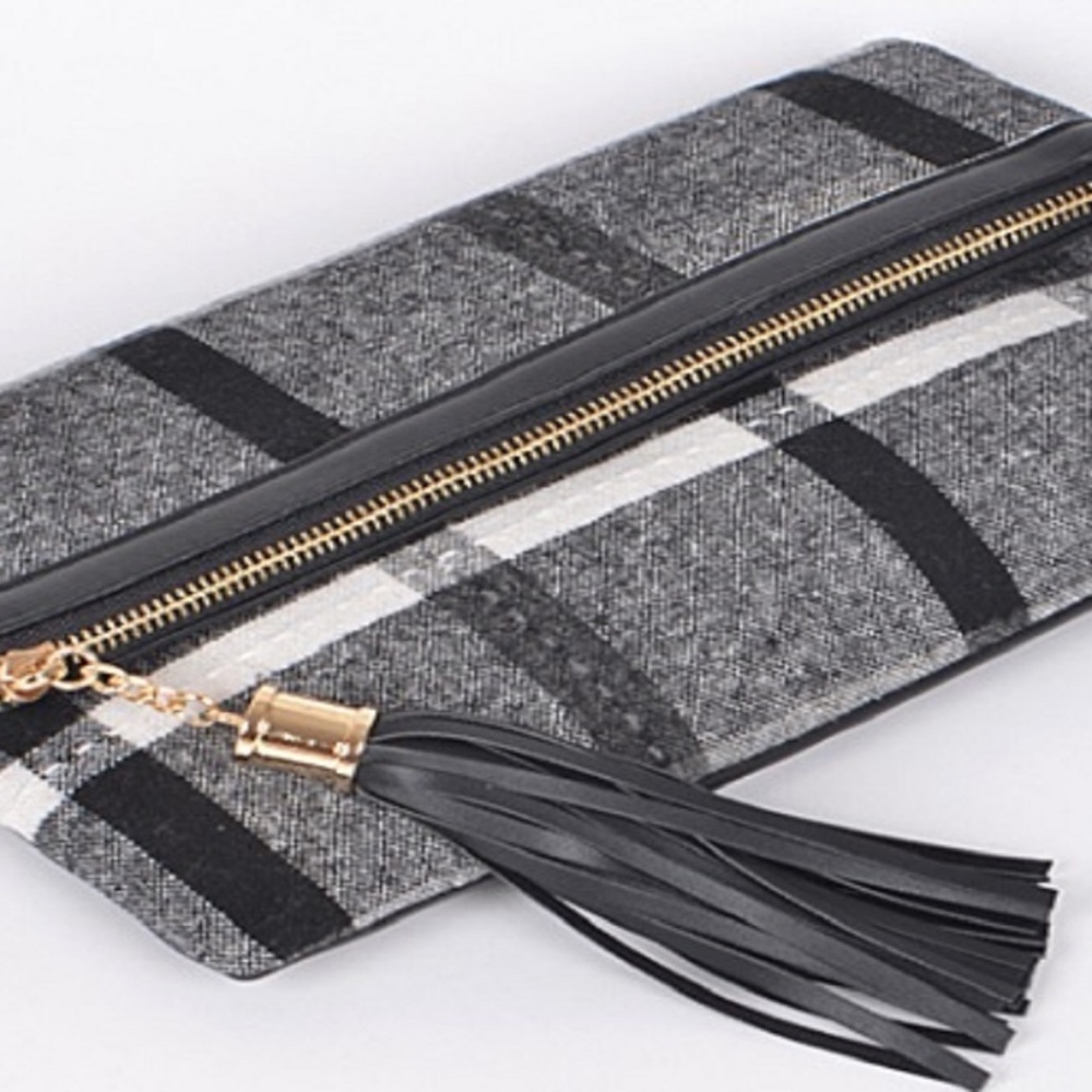 NEW Classic Gray Plaid Tweed Crossbody Bag Clutch - Picture 2 of 5